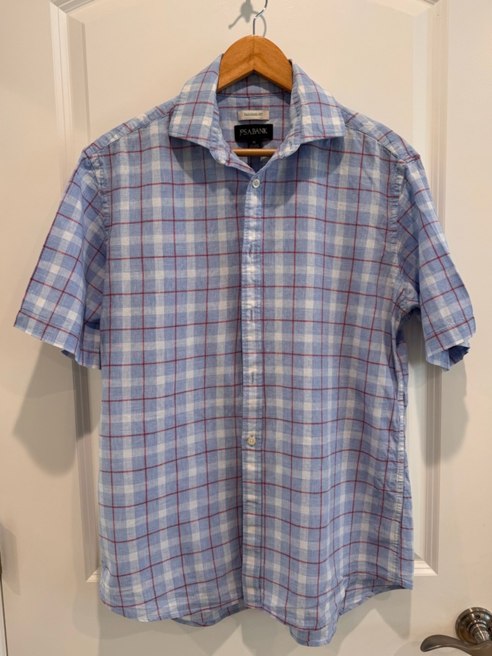 Jos. A. Bank Linen Blue and Red Windowpane Plaid Short Sleeve Button-Down medium